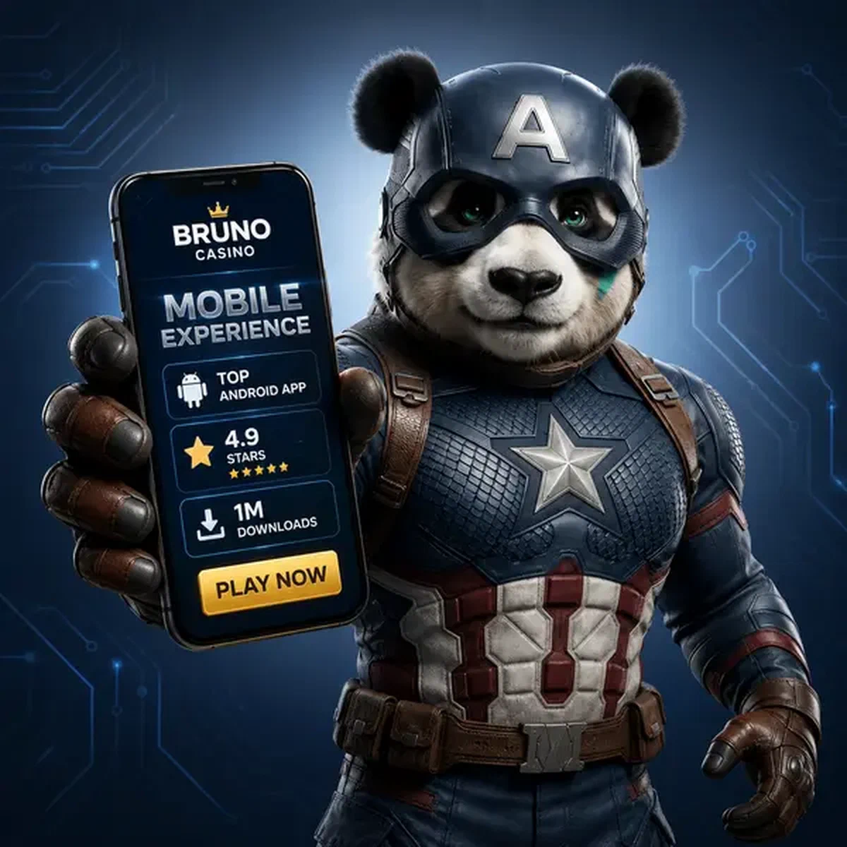 Bruno Casino mobile App-Oberfläche leuchtet, während Panda-Kapitän Gaming-Erlebnis herunterlädt